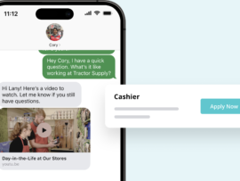 Paradox AI chatbot sharing a recruitment video via text and prompting job application for cashier role.